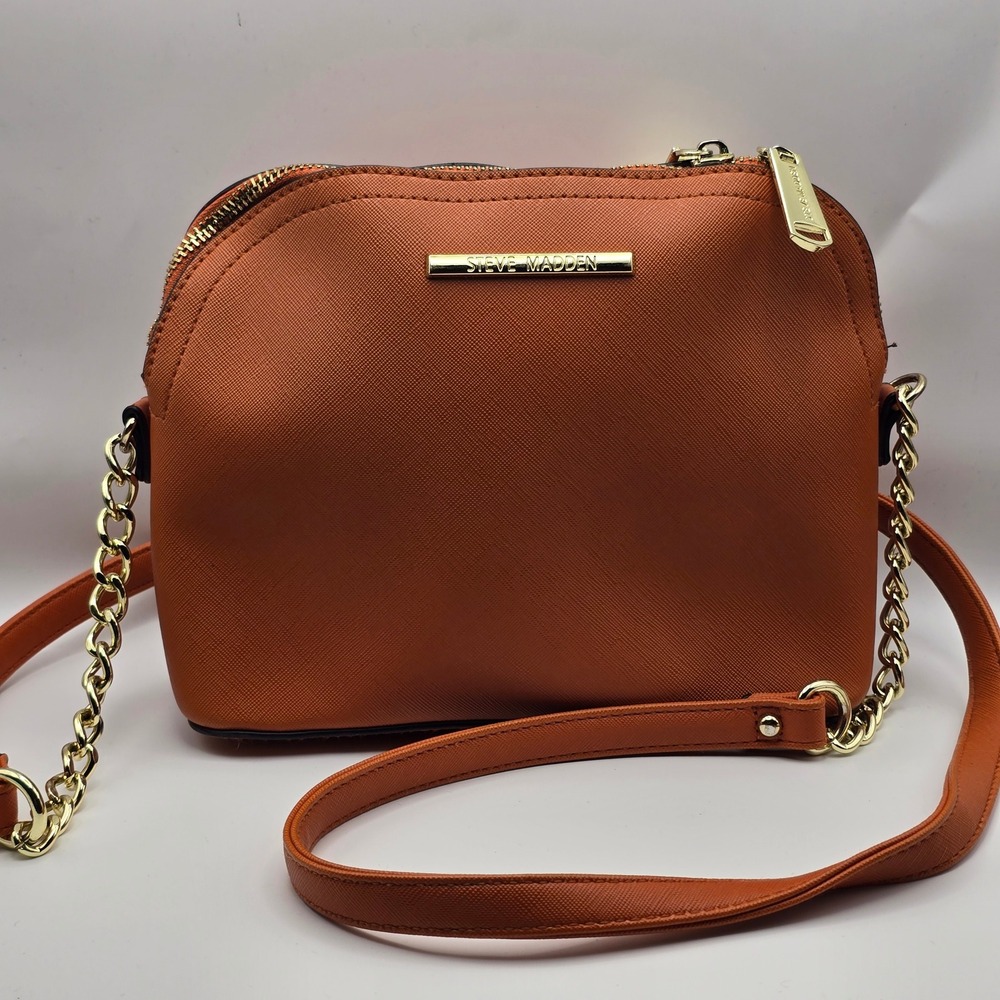 Steve Madden Cognac Saffiano Faux Leather Dome Crossbody Bag Gold Chain Strap